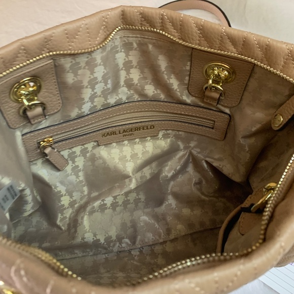 Karl Lagerfeld Paris Karolina Leather Tote Bag Tan Quilted Gold Chain Strap - Picture 8 of 15